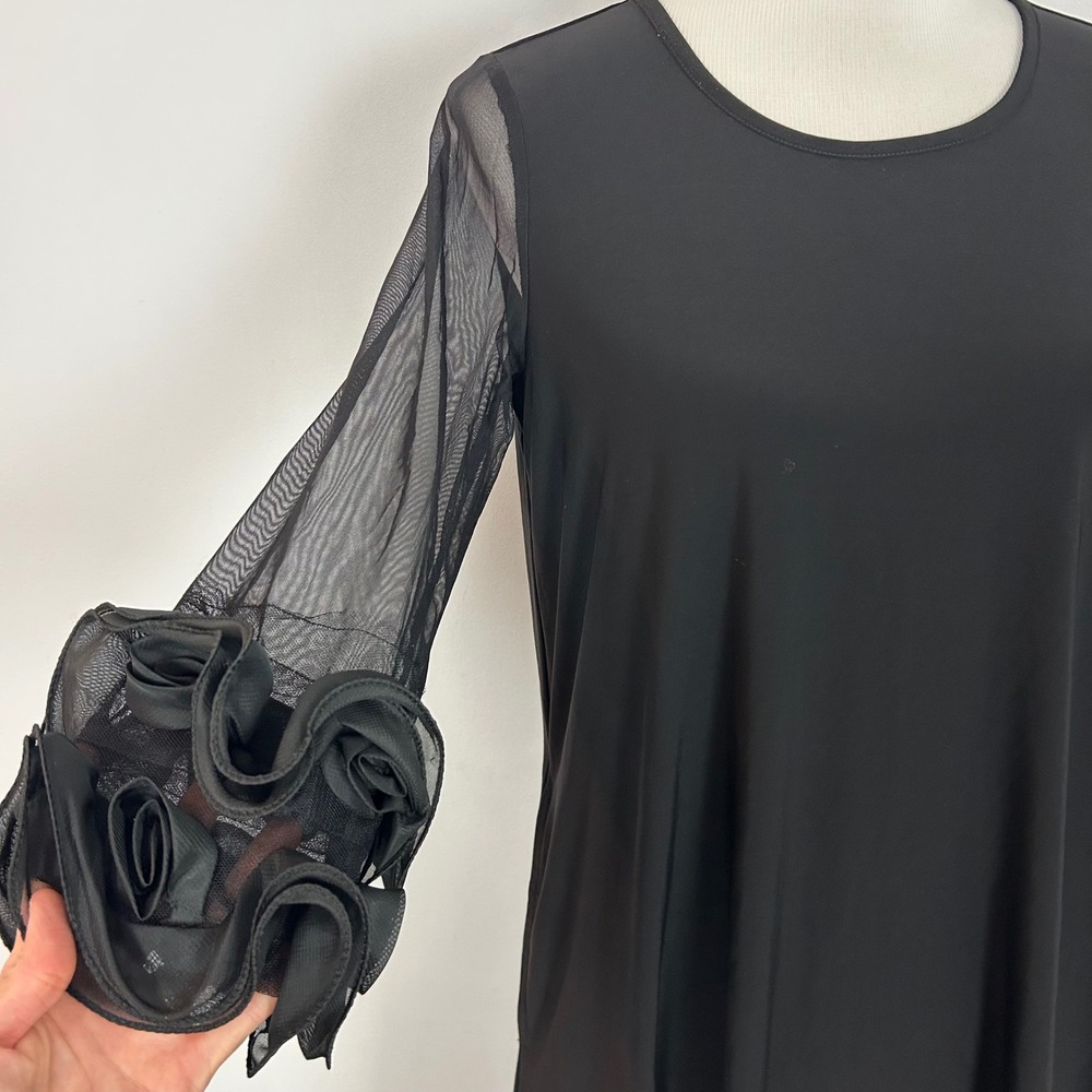 Nina Leonard Black Dress Sheer Mesh Sleeve Rosette Cuff Pockets Y2K Women Small